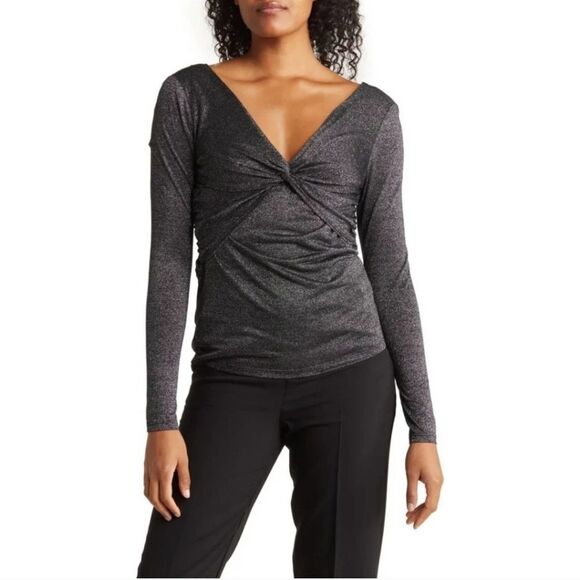 NWT DONNA KARAN DKNY Wrap Twist Top Metallic Silver Size Large - Picture 1 of 9